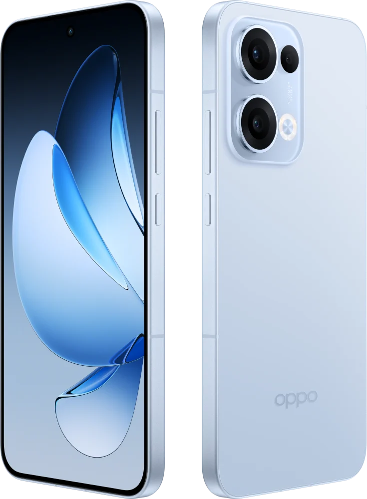 OPPO Reno13 5G, in Sky Blue, front and back at an angle