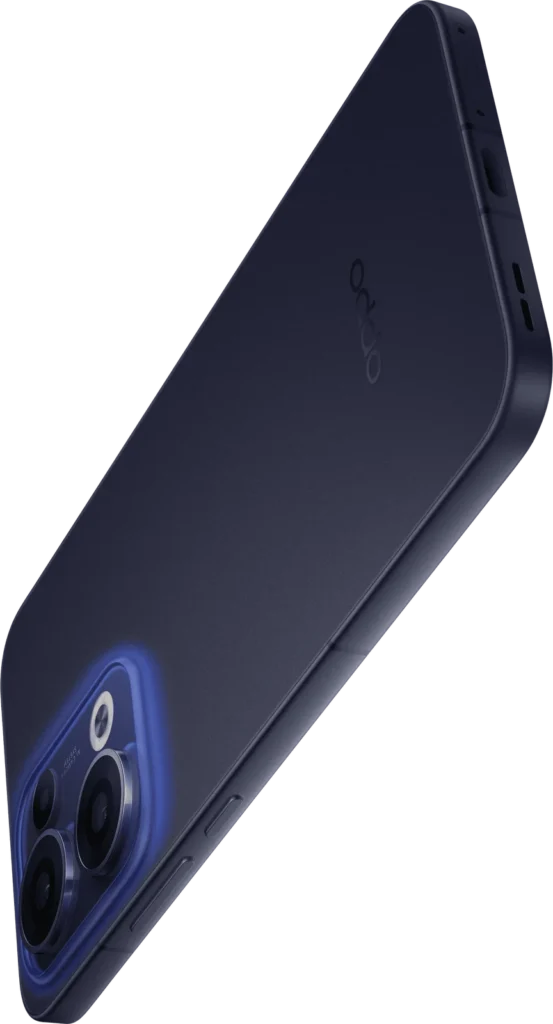 OPPO Reno13 5G, in Luminous Blue, back at an angle