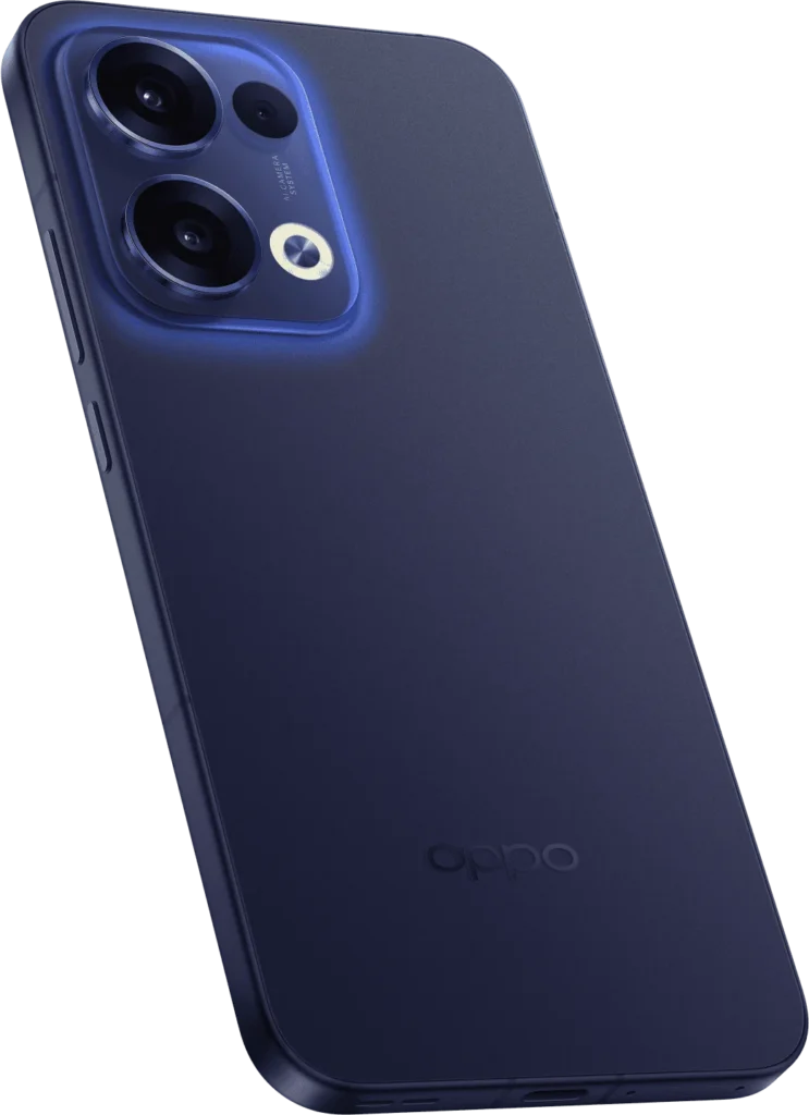 OPPO Reno13 5G, in Luminous Blue, back at an angle