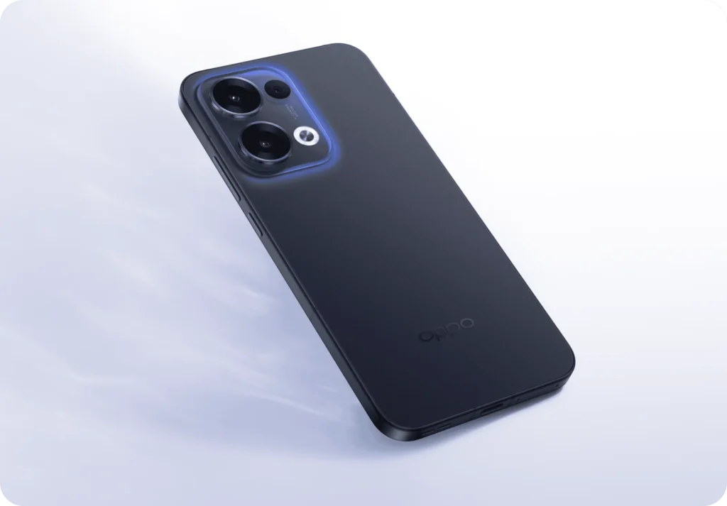 OPPO Reno13 5G, in Luminous Blue, on a pale background