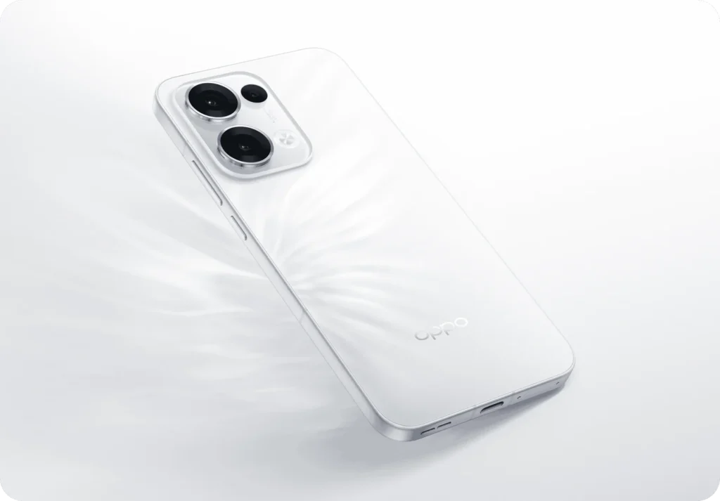 OPPO Reno13 5G, in Ivory White, on a pale background