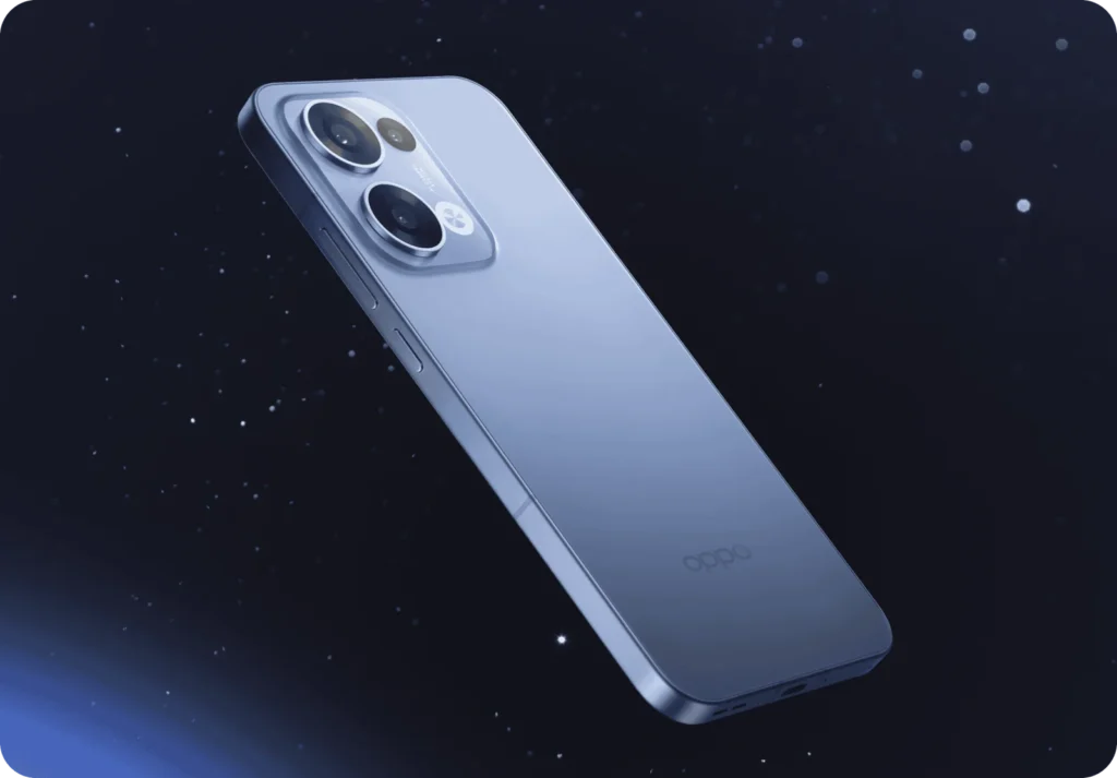 OPPO Reno13 5G, in Sky Blue, on a starry background