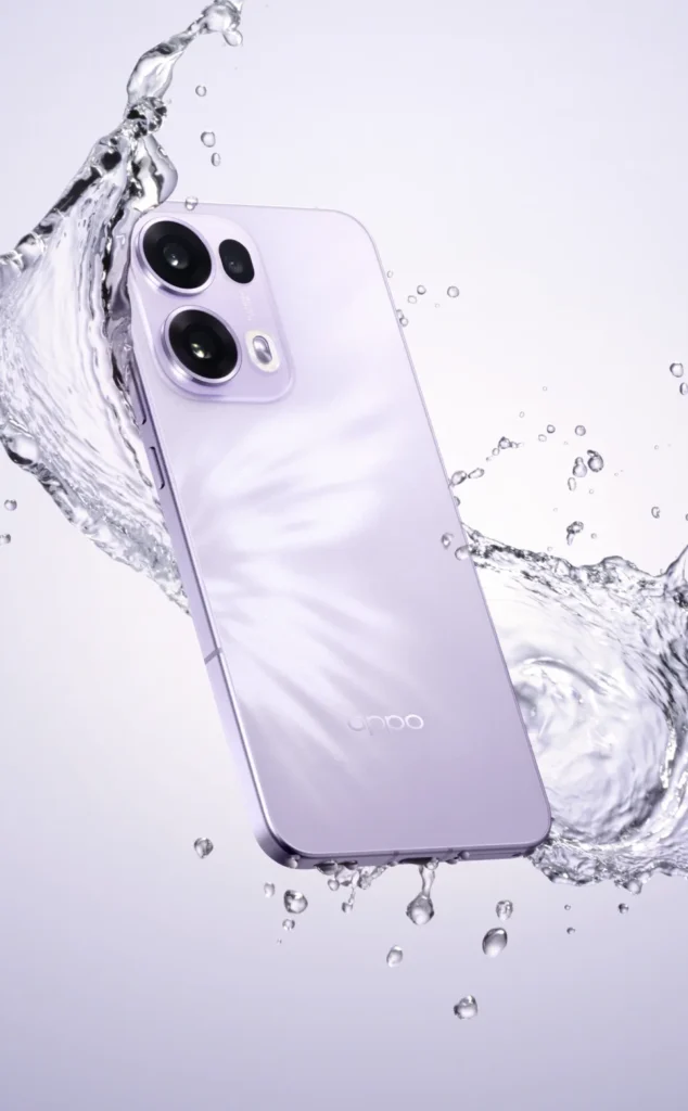 OPPO Reno13 Pro 5G, in Mist Lavender, with a water splash