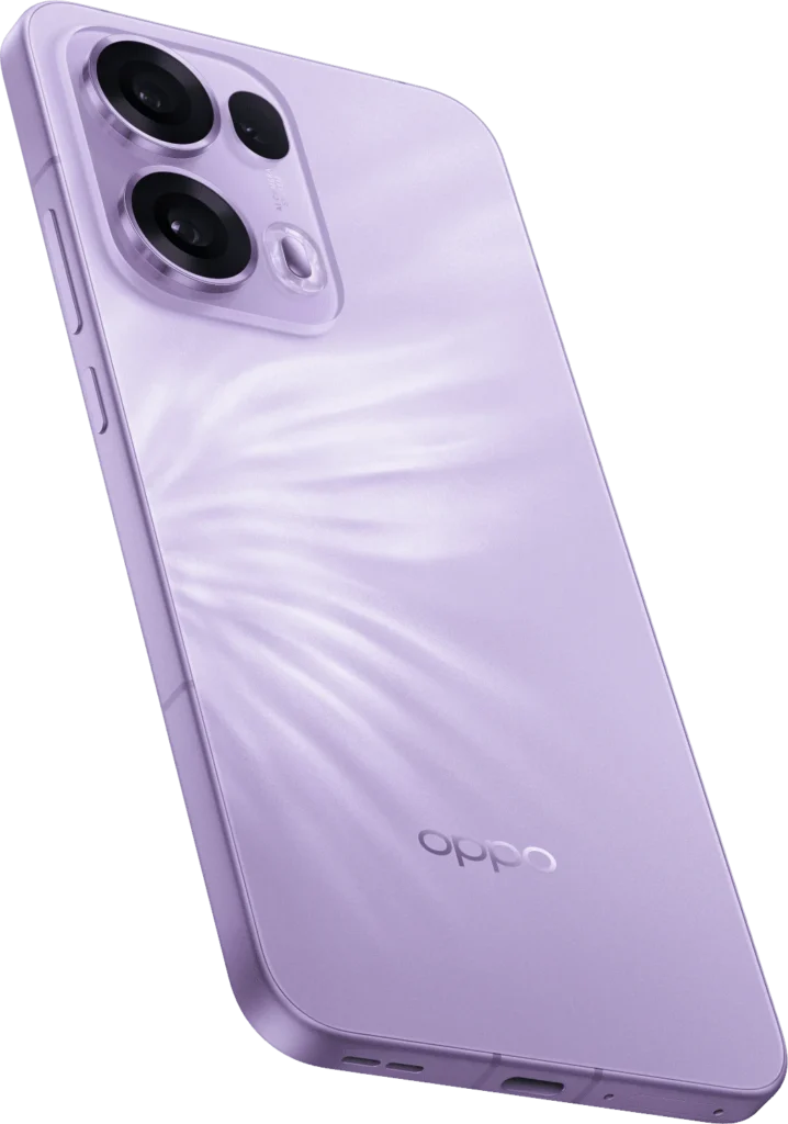 OPPO Reno13 Pro 5G, in Mist Lavender, back at an angle