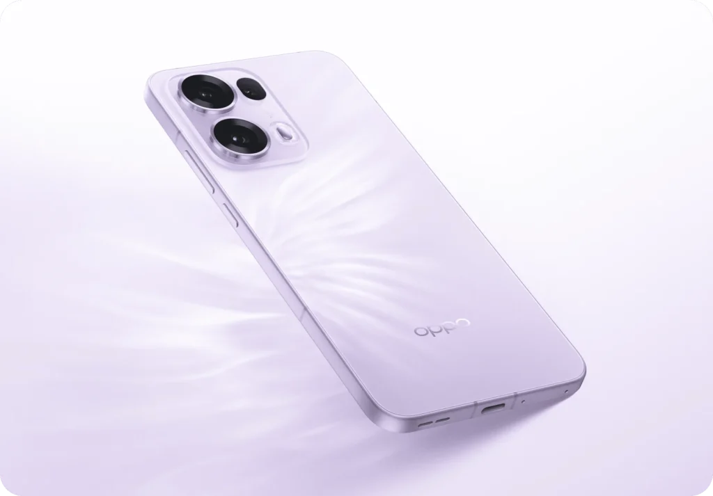 OPPO Reno13 Pro 5G, in Mist Lavender, on a pale background