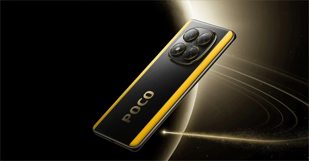 Poco X7, in POCO Yellow, from the back
