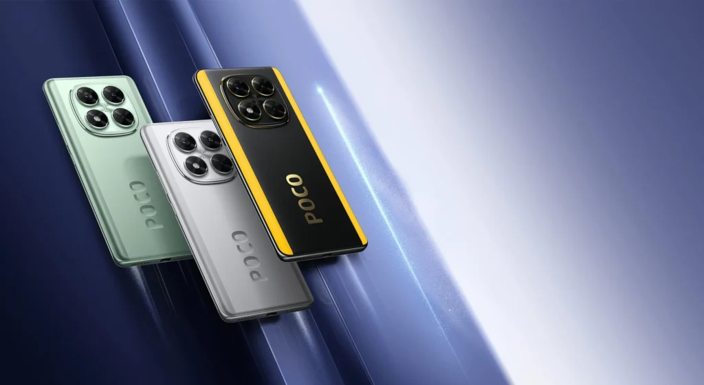 Poco X7, in Glacier Green, Cosmic Silver and POCO Yellow