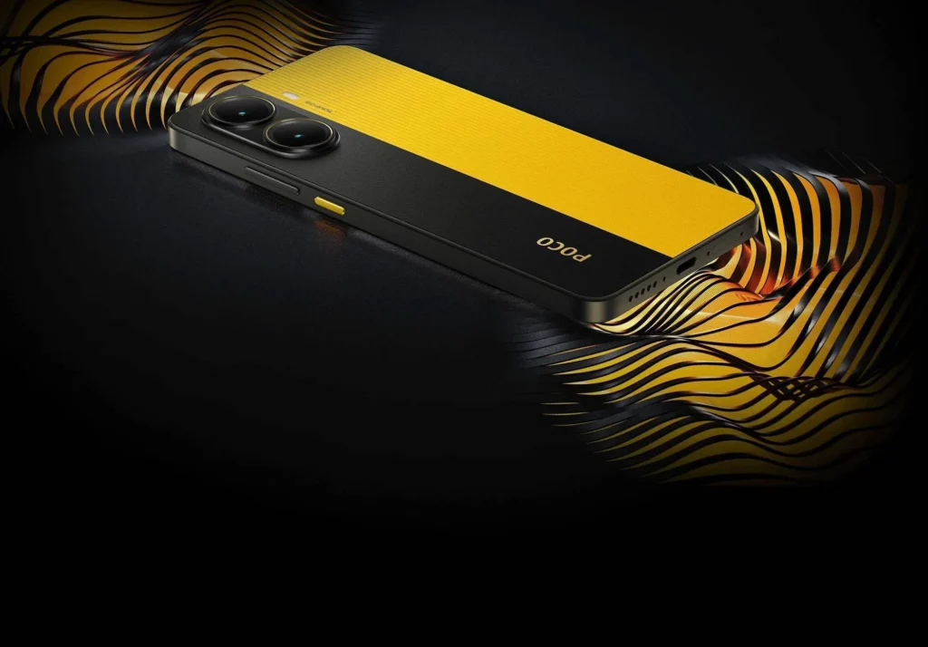 Poco X7 Pro, in POCO Yellow, lying at an angle