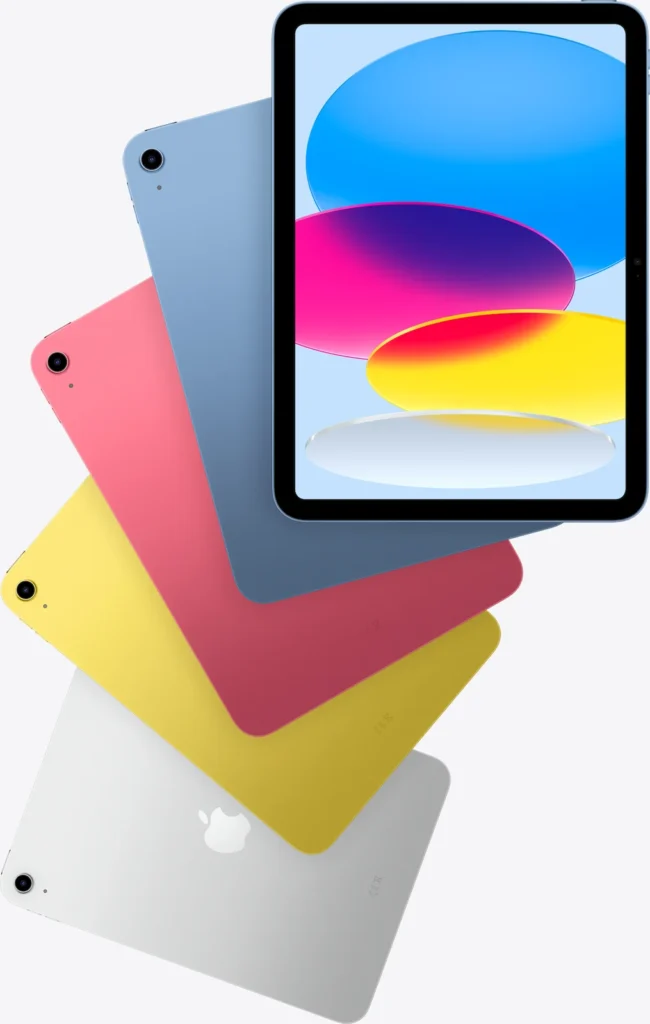 Apple iPad (A16), in Blue, Pink, Yellow and Silver, fanned out with the front on top