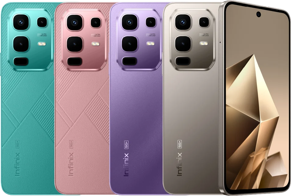 Infinix Note 50x 5G+, in all four colours from the back, with the front