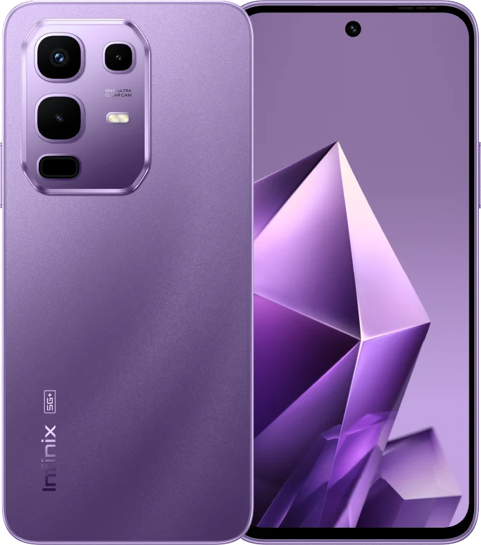 Infinix Note 50x 5G+, in Enchanted Purple, back and front