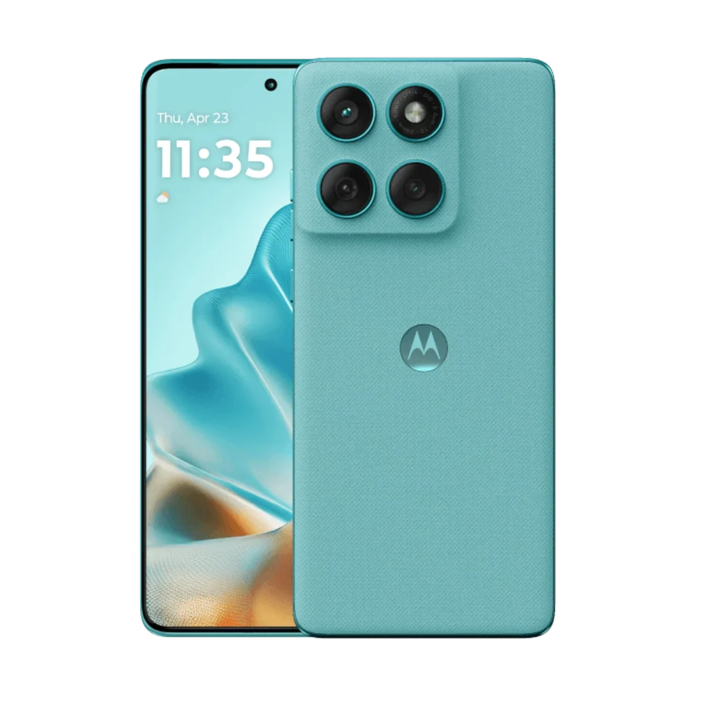 Motorola Edge 60 Fusion, in Pantone Amazonite, front and rear angled view