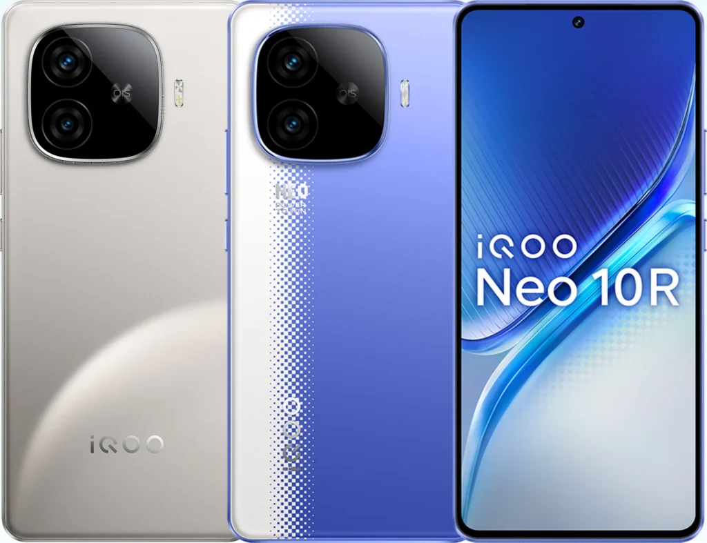 iQOO Neo 10R, in Raging Blue, rear panel perspective view