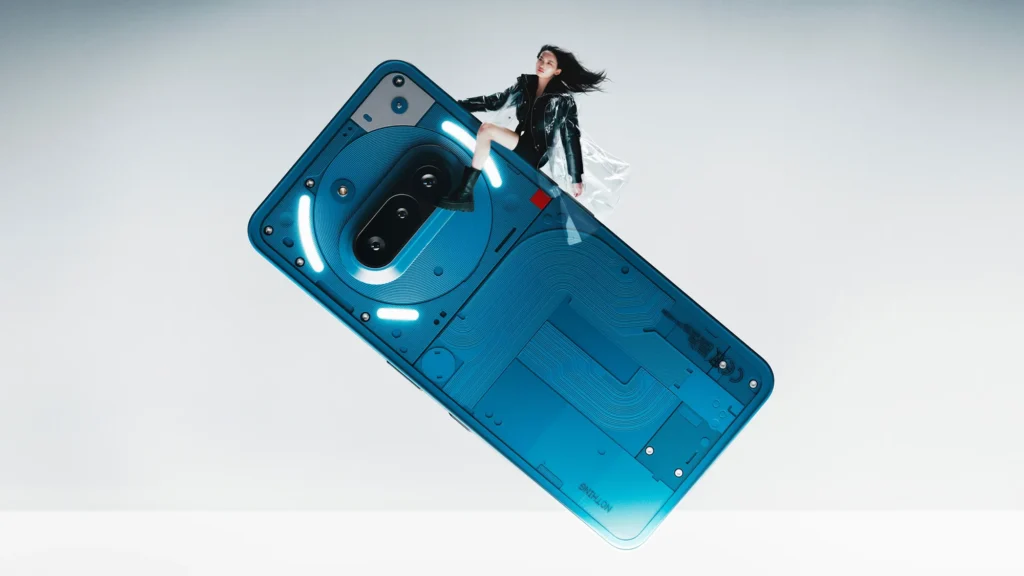 Nothing Phone (3a), in Blue, with a person riding on it