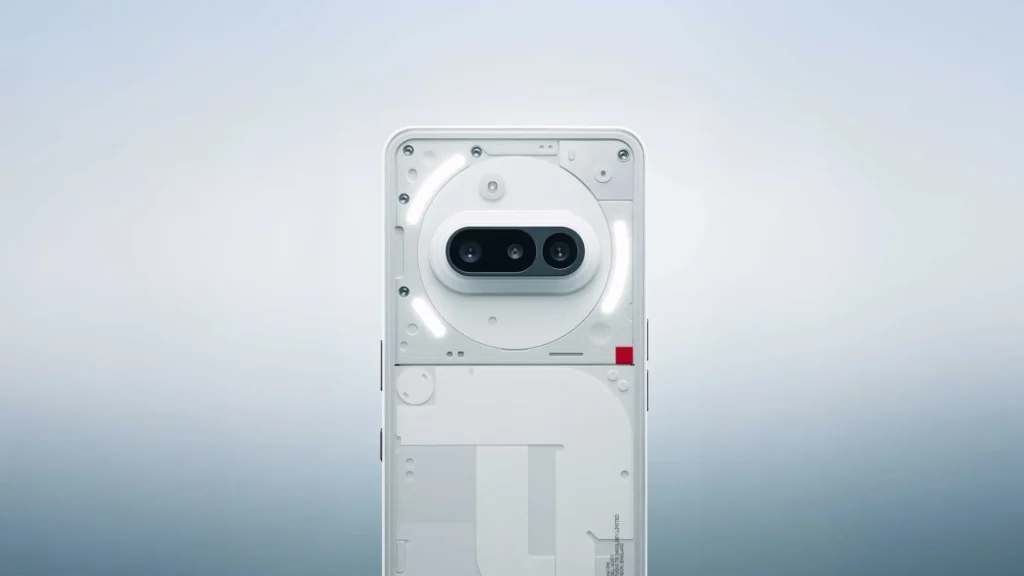Nothing Phone (3a), in White, showing the horizontal camera bar and Glyph lights