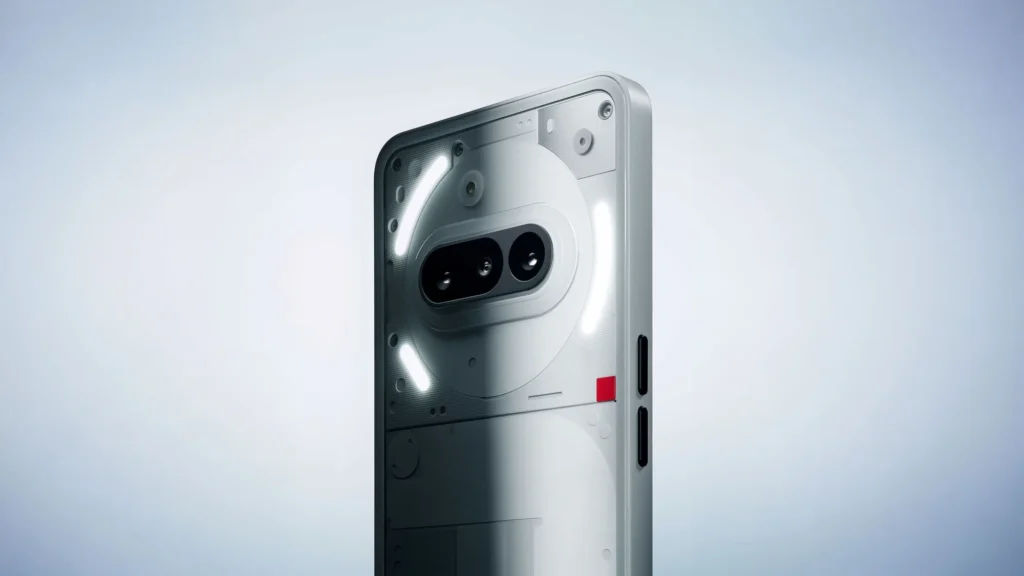 Nothing Phone (3a), in White, angled view showing the Glyph lights and side buttons