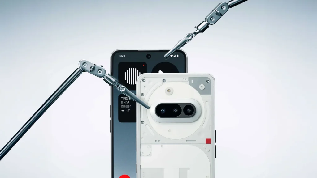 Nothing Phone (3a), in White, front and back held by studio clamps
