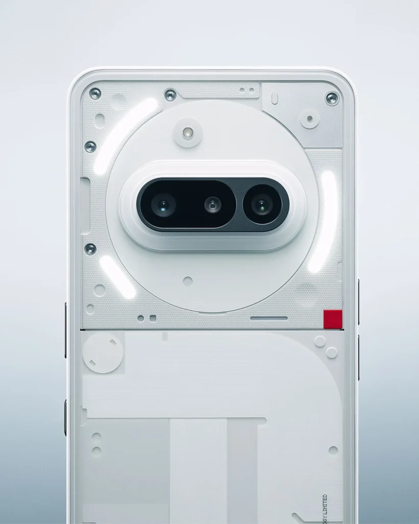 Nothing Phone (3a), the rear camera bar and Glyph lights in White, close up