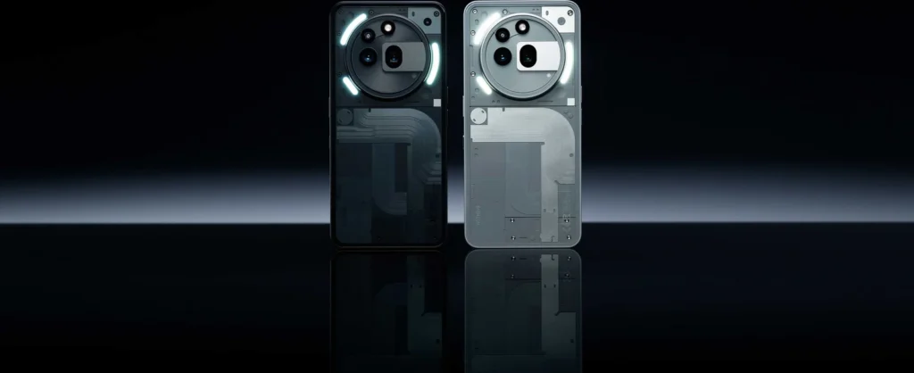 Nothing Phone (3a) Pro, in Black and Grey, showing the Glyph lights