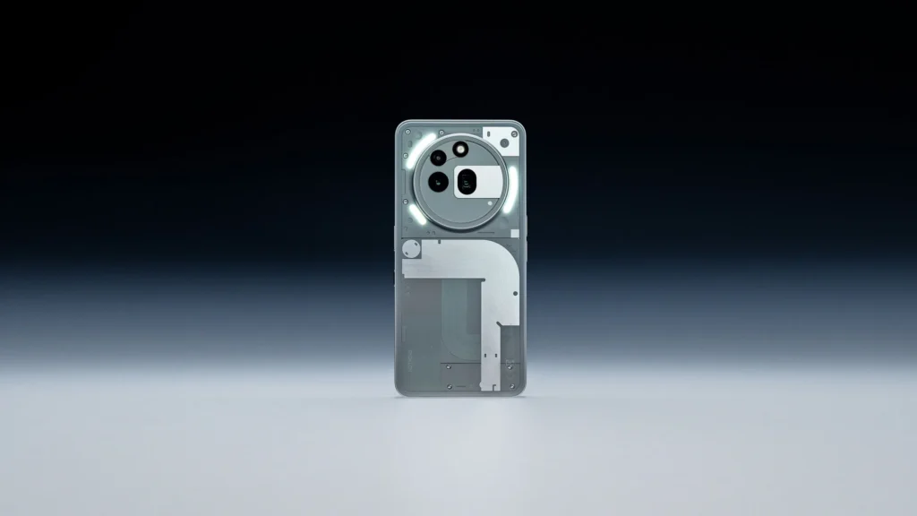 Nothing Phone (3a) Pro, in Grey, showing the circular camera island and Glyph lights