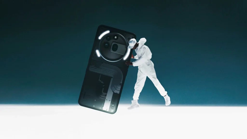 Nothing Phone (3a) Pro, in Black, with a dancer leaning on it