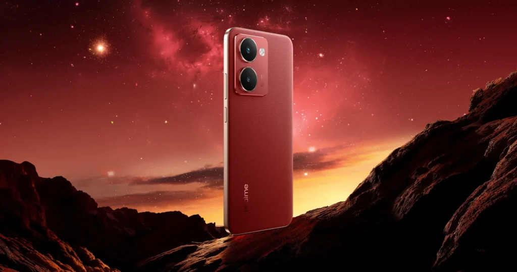 realme P3 Ultra 5G, in Orion Red, against a red sky