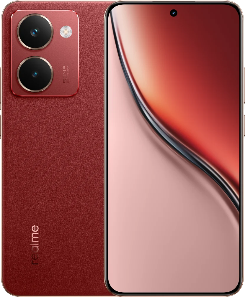 realme P3 Ultra 5G, in Orion Red, front and back