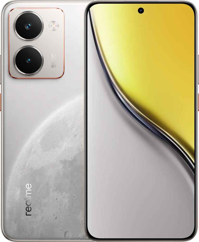 realme P3 Ultra 5G, in Glowing Lunar White, front and back