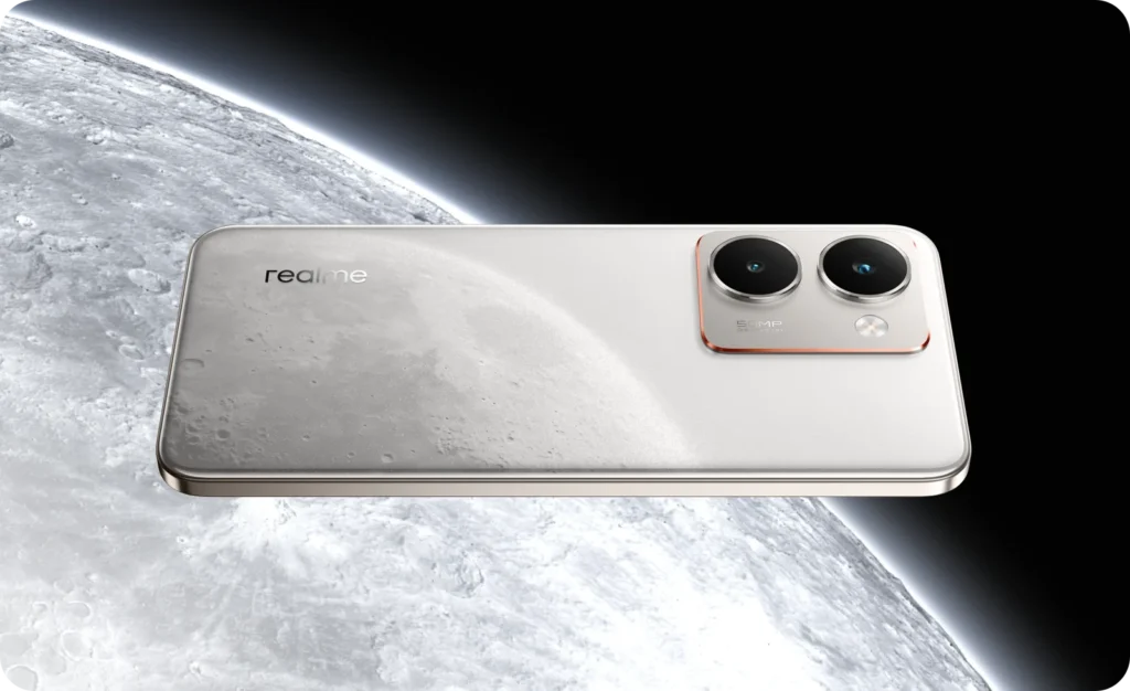 realme P3 Ultra 5G, in Glowing Lunar White, lying on a moon-like surface