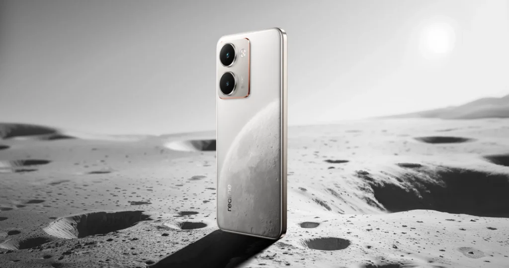 realme P3 Ultra 5G, in Glowing Lunar White, standing on a moon-like surface