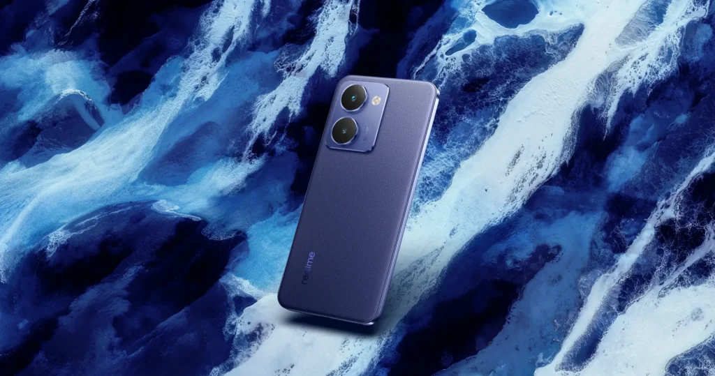 realme P3 Ultra 5G, in Neptune Blue, on a textured blue backdrop