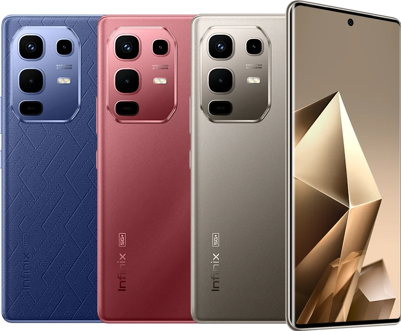Infinix Note 50s 5G+, in Marine Drift, Burgundy Red and Titanium Grey from the back, with the front