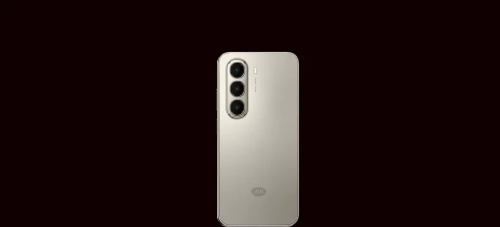 itel A95 5G, in Calx Titanium from the back, on a dark background