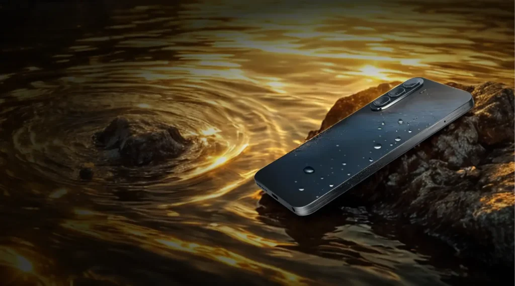 itel A95 5G, lying on wet rocks