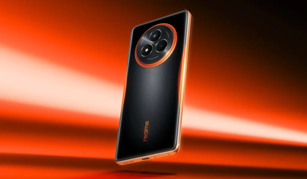 realme NARZO 80 Pro 5G, in Nitro Orange, on an orange backdrop