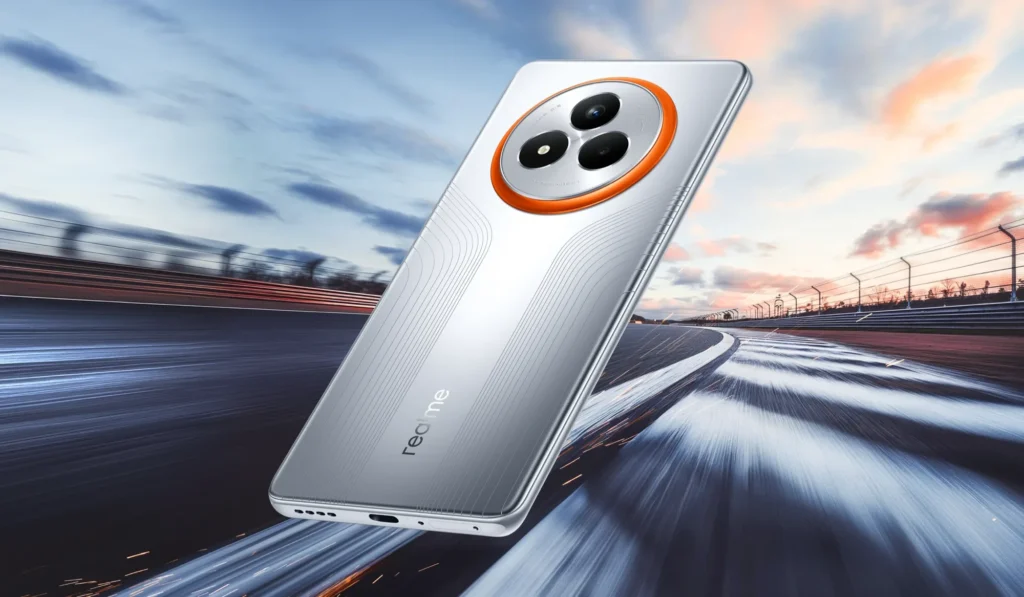 realme NARZO 80 Pro 5G, in Speed Silver, against a race track backdrop