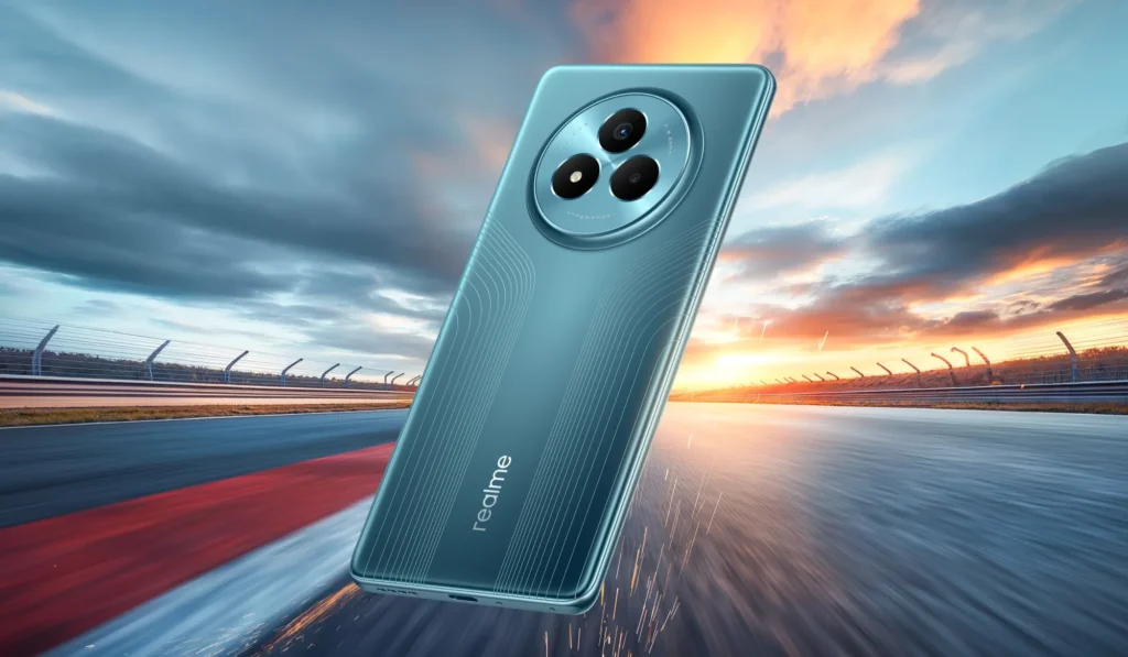 realme NARZO 80 Pro 5G, in Racing Green, against a race track backdrop