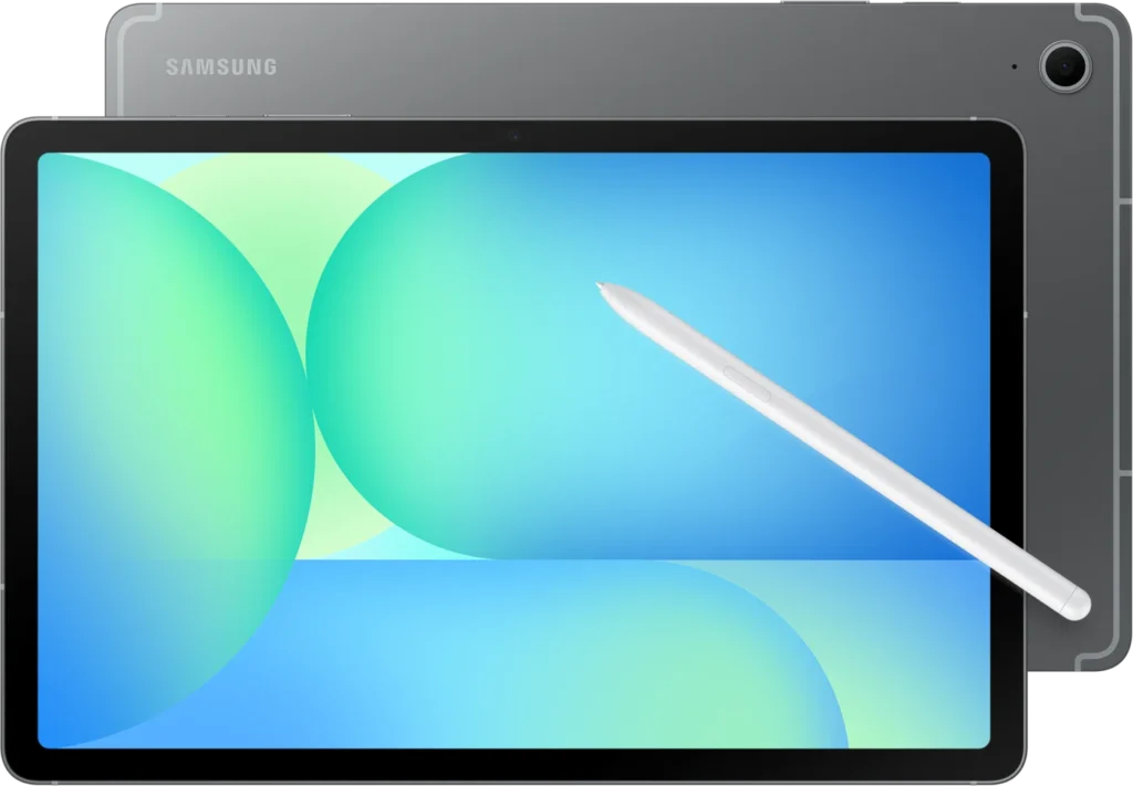 Samsung Galaxy Tab S10 FE, in Gray, front and back with the S Pen