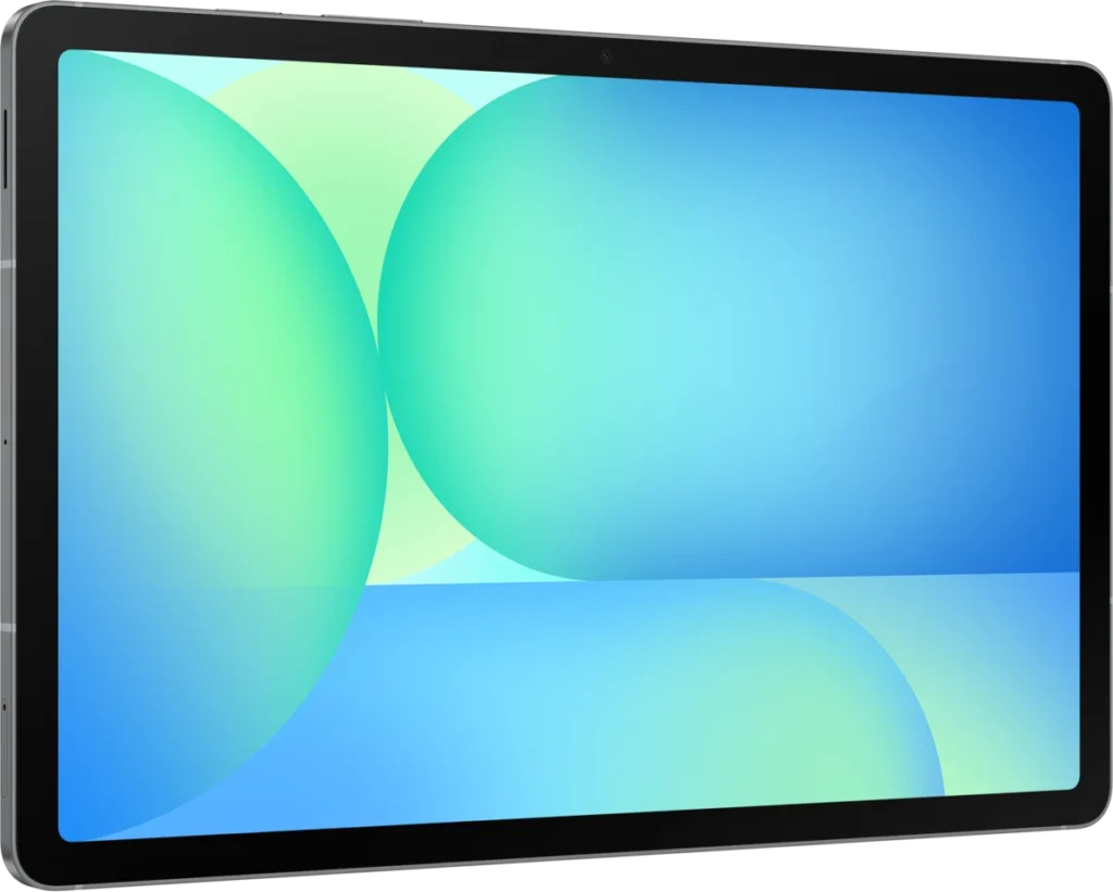 Samsung Galaxy Tab S10 FE, in Gray, front at an angle from the left