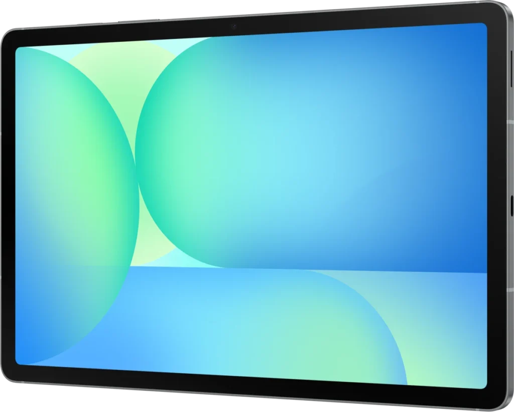 Samsung Galaxy Tab S10 FE, in Gray, front at an angle from the right