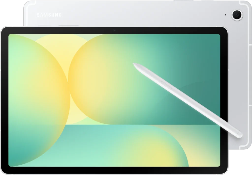 Samsung Galaxy Tab S10 FE, in Silver, front and back with the S Pen