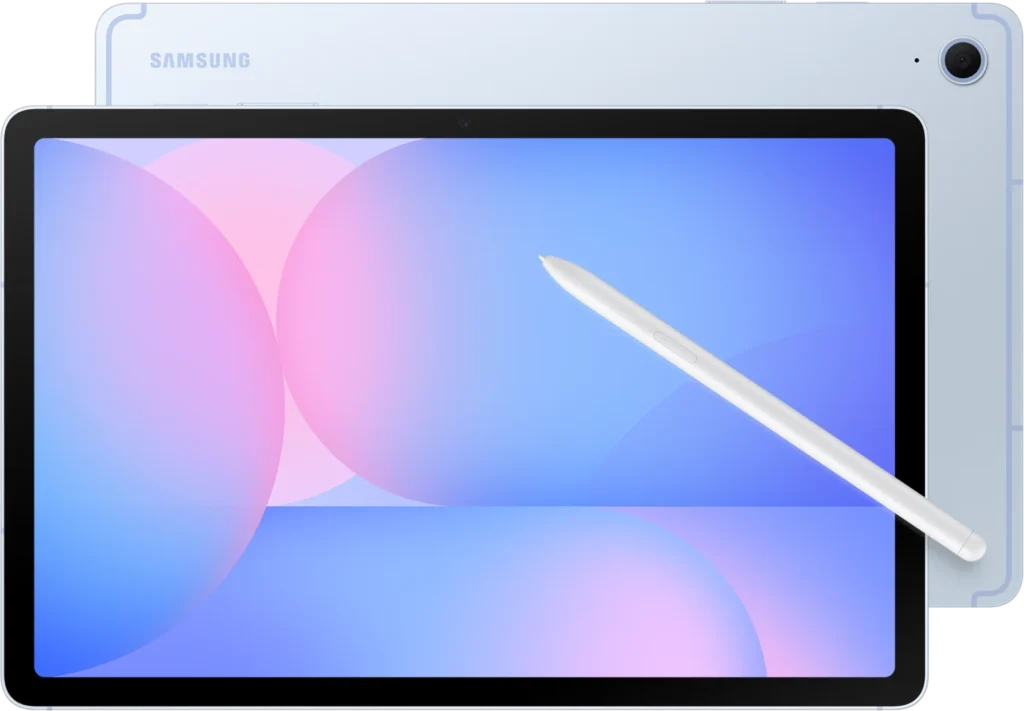 Samsung Galaxy Tab S10 FE, in Light Blue, front and back with the S Pen