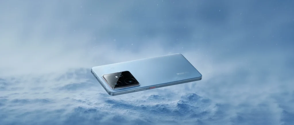 realme GT 7, in IceSense Blue, on clouds