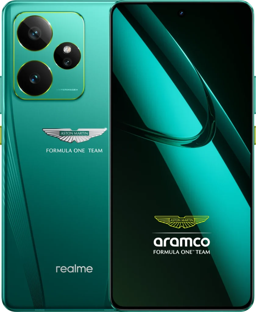 realme GT 7, in Aston Martin Green, front and back