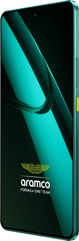 realme GT 7, in Aston Martin Green, front at an angle