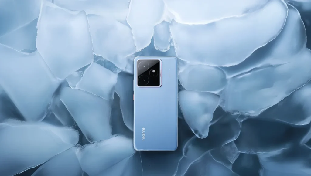 realme GT 7, in IceSense Blue, on ice