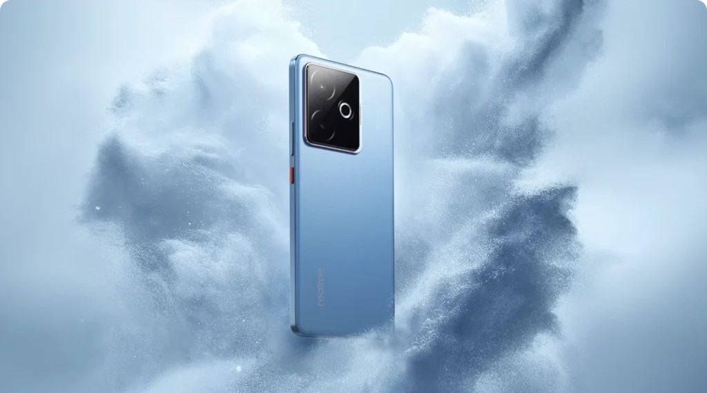 realme GT 7T, in IceSense Blue, on clouds