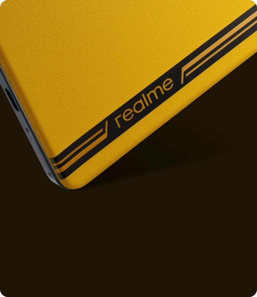 realme GT 7T, close-up of the Racing Yellow back and its stripe