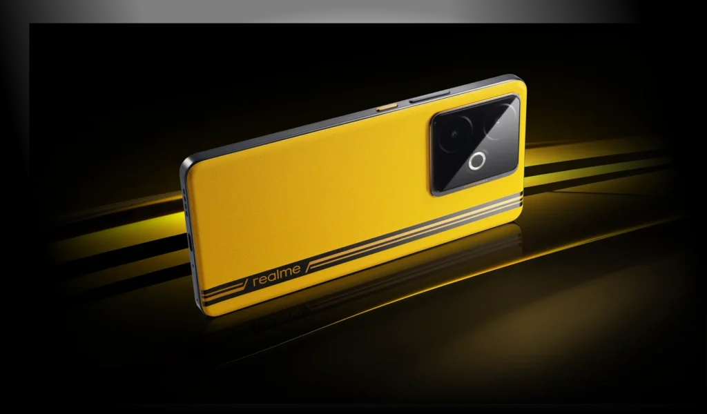 realme GT 7T, in Racing Yellow, on a dark backdrop
