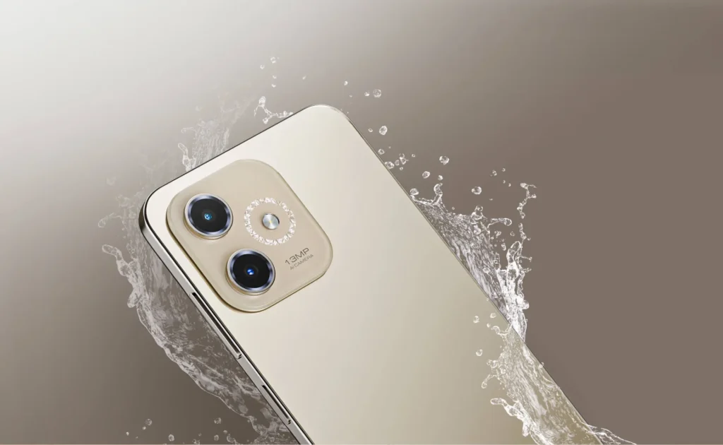 Lava Shark 5G, in Stellar Gold, splashed with water